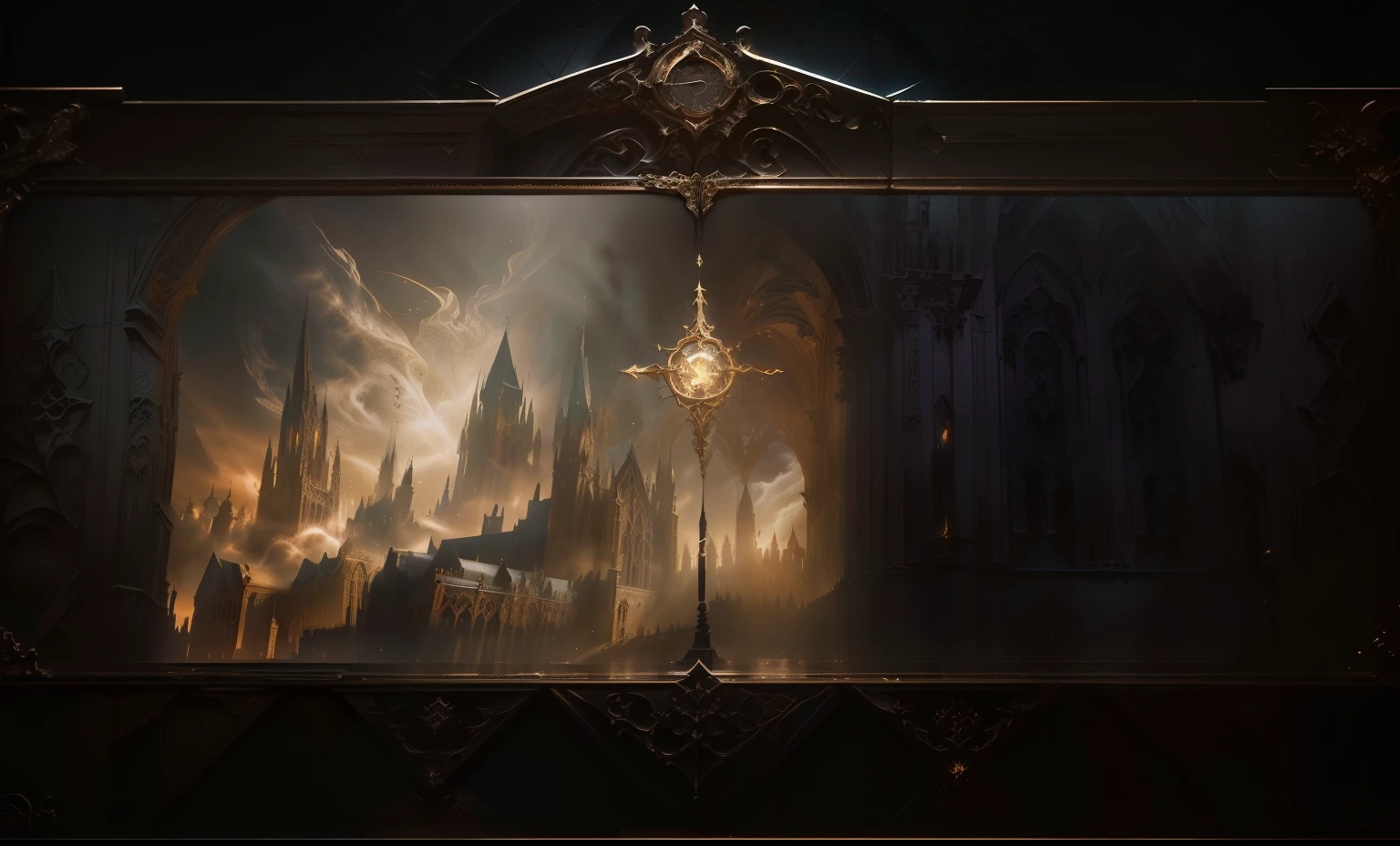 there is a large picture frame with a picture on it, cathedral background, ornate borders + concept art, grimoire page, alchemist library background, loadscreen, dungeon background, loadscreen”, splash screen art, loading screen, stunning arcanum backdrop, complete darkness background, 8 k hd wallpaperjpeg artifact, 8k hd wallpaperjpeg artifact