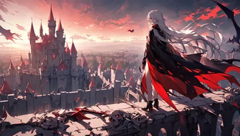 vampire，Long white hair，Standing on the roof of the castle, looking into the distance，Red Sword，Gorgeous black cape，Red eyes，Rem...