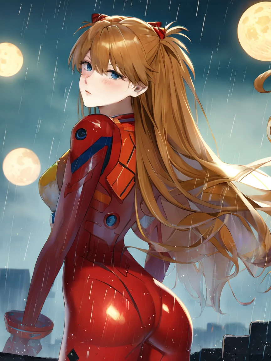 Asuka Langley ,masterpiece, best quality,,city,cyperpunk,night,rain,moon, HUGE ASS, BACK VIEWER, BLUSH, SEDUCTIVE LOOK,