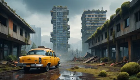 sci-fi world,view from a destroyed building,rusty school bus, abandoned land, rusty buildings, miss, dark clouds, abandoned city...