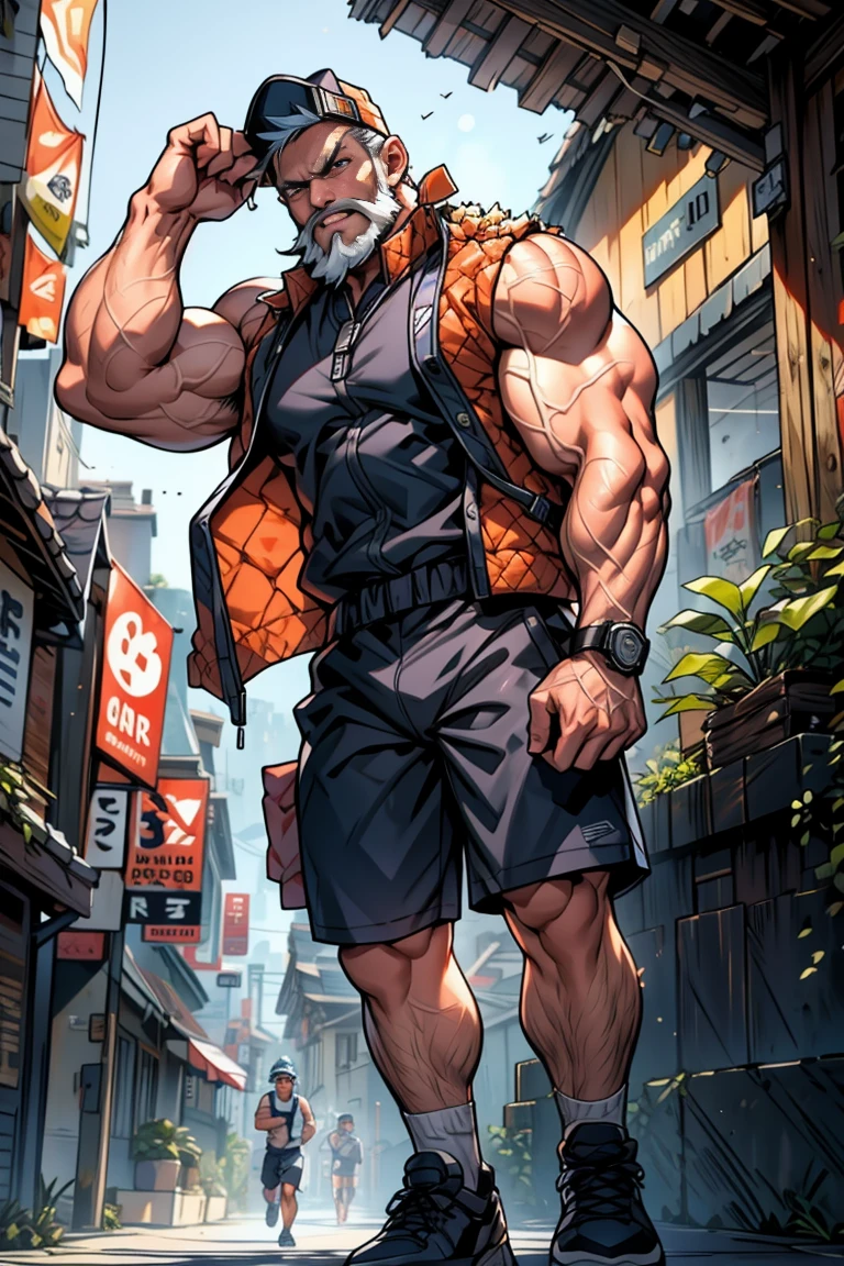 A man in a white tight vest，His tight muscles can be seen from the shape of the vest，Lean forward，Showing off his strong physique，Wear loose shorts，Asian face shape，Clean face，No beard，Chainsaw in hand，Side Light，Run-down neighborhood，Wearing a round metal headgear