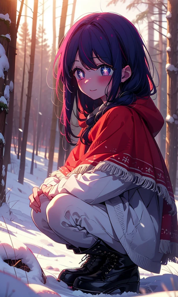 aihoshino, Ai Hoshino, Long Hair, bangs, (Purple eyes:1.1), Purple Hair, (Symbol-shaped pupil:1.5), smile,,smile,blush,White Breath,
Open your mouth,snow,Ground bonfire, Outdoor, boots, snowing, From the side, wood, suitcase, Cape, Blurred, , forest, White handbag, nature,  Squat, Mouth closed, Cape, winter, Written boundary depth, Black shoes, red Cape break looking at viewer, Upper Body, whole body, break Outdoor, forest, nature, break (masterpiece:1.2), Highest quality, High resolution, unity 8k wallpaper, (shape:0.8), (Beautiful and beautiful eyes:1.6), Highly detailed face, Perfect lighting, Highly detailed CG, (Perfect hands, Perfect Anatomy),