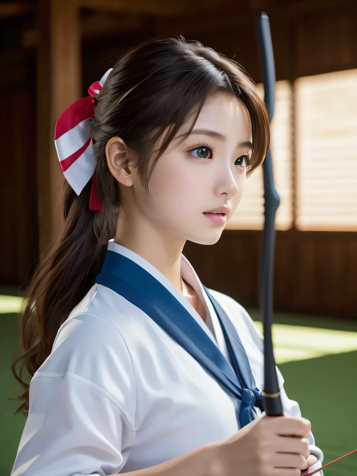 ((masterpiece, Highest quality, High resolution)), (Holding a bow:1.3), One girl practicing archery, (Realistic: 1.4), Great face, 15 years old, Medium Hair, (Beautiful Hair:1.5), Kyudo uniform, The background is a kyudo hall, Angle from the back, Smooth, Highly detailed CG composite 8K wallpaper, High resolution RAW color photos, Professional photography, Light, BackLight, dream-like, impressive, Written boundary depth
