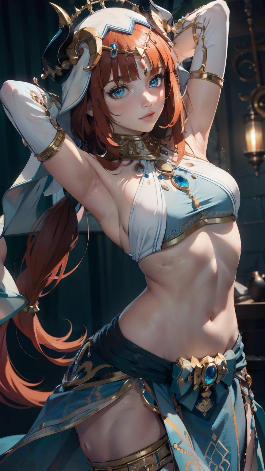 ((masterpiece)),(bestquality),((ultra-detailed)), (beautiful detailed face), depth of field,detailed,((beautiful detailed eyes)), medium breast, armpit pose, niloudef, cowboy shot, full body, Belly Dancing.