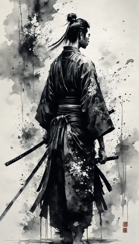 black and white painting,ink painting,splash,create a hyper-realistic and cool image of sasaki kojiro in the style of a black-an...