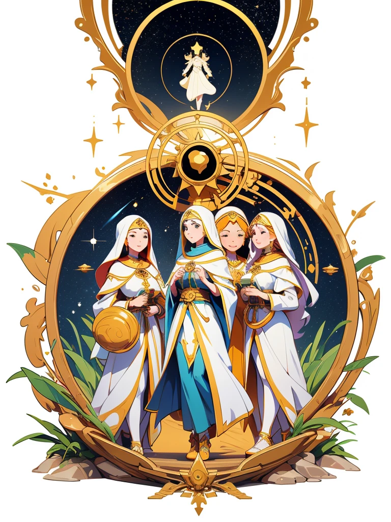 Acontecimientos del camino de las santas. astrología. Hermosa página de inicio sobre fondo blanco. Vector con un grupo de personas en peregrinación sin texto y planetas circundantes.