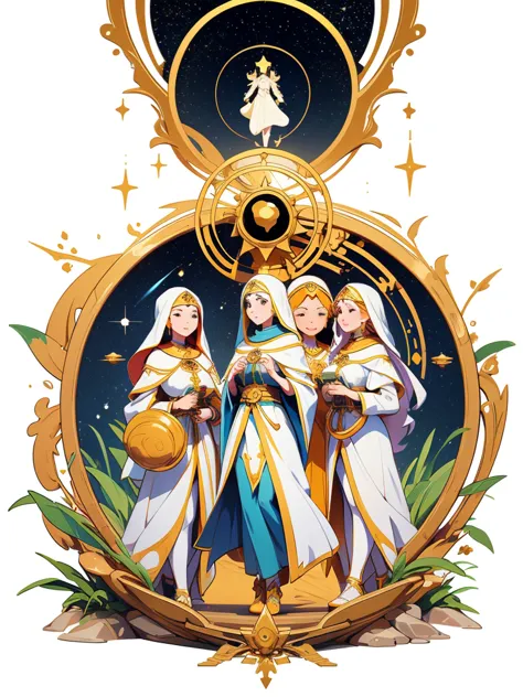 Events of the path of female saints. Astrology. Beautiful landing page on white background. Vector with group of people going on...