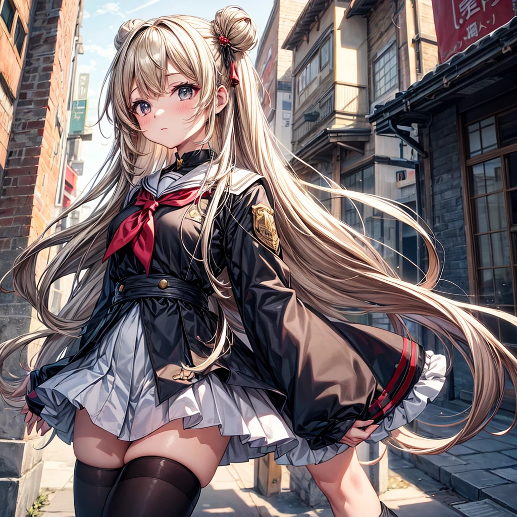 Striking and photorealistic 2.5D moe anime style. Mami, a good-looking and talented high school girl with long, flowing dark blonde hair, stands confidently in front of a modern, magnificent school building reminiscent of a school town. She wears a sailor uniform, the bright colors of the black and white fabric and red sailor tie adding to her allure. Her costume is elegant and traditional, and her feminine mami pose is reminiscent of a traditional , which must be both graceful and alluring. Her hair, tie, and skirt flutter in the wind. Her companion is a tuxedo-clad, first-generation butler, who stands behind her as her caretaker. The background is a futuristic school, bright and surrealistic colors, and other futuristic fantasy elements abound to create a magical school atmosphere. The traditional Japanese beauty and fantasy elements are fused together to create a cool and stylish mami. Enhance the overall quality and detail and provide new patterns for variation. Increase the resolution and quality to the extreme values and challenge yourself to draw deeply and richly in ultra-fine detail.