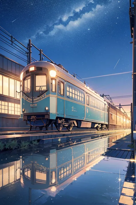 masterpiece, animated train passing through water on the tracks, bright starry sky. romantic train, photo by makoto shinkai, pix...