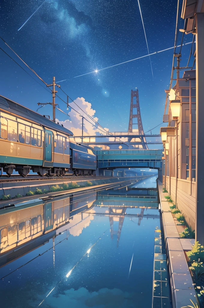 masterpiece, Animated train passing through water on the tracks, Bright starry sky. Romantic Train, Photo by Makoto Shinkai, Pixiv, Concept Art, Lofi Art style, reflection. by Makoto Shinkai, Lofi Art, Beautiful anime scene, Anime scenery, Detailed Landscape — Width 672, in Makoto Shinkai&#39;s Style, Makoto Shinkai&#39;s Style, Enhanced Details.((Toddler girl))　((5 years old))((naked))　((nsfw)