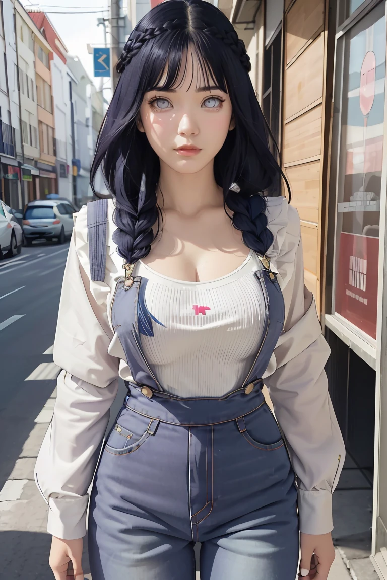 tmasterpiece， best qualityer， ultra - detailed， illustration，1girll，
long whitr hair，dark-blue hair，french braid，Purple eye，bluntbangs，cleavage，Large breasts
shirt，（jeans overalls：1.1），
mideum breasts， 
looking at viewert，hyouka/（Boruto/），Detailed lips