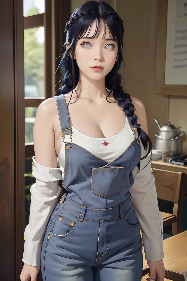 tmasterpiece， best qualityer， ultra - detailed， illustration，1girll，
long whitr hair，dark-blue hair，french braid，Purple eye，bluntbangs，cleavage，Large breasts
shirt，（jeans overalls：1.1），
mideum breasts， 
looking at viewert，hyouka/（Boruto/），Detailed lips