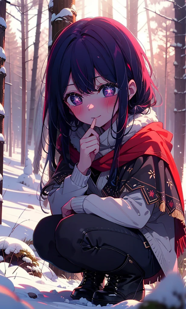 aihoshino, Ai Hoshino, Long Hair, bangs, (Purple eyes:1.1), Purple Hair, (Symbol-shaped pupil:1.5), smile,,smile,blush,White Breath,
Open your mouth,snow,Ground bonfire, Outdoor, boots, snowing, From the side, wood, suitcase, Cape, Blurred, , forest, White handbag, nature,  Squat, Mouth closed, Cape, winter, Written boundary depth, Black shoes, red Cape break looking at viewer, Upper Body, whole body, break Outdoor, forest, nature, break (masterpiece:1.2), Highest quality, High resolution, unity 8k wallpaper, (shape:0.8), (Beautiful and beautiful eyes:1.6), Highly detailed face, Perfect lighting, Highly detailed CG, (Perfect hands, Perfect Anatomy),