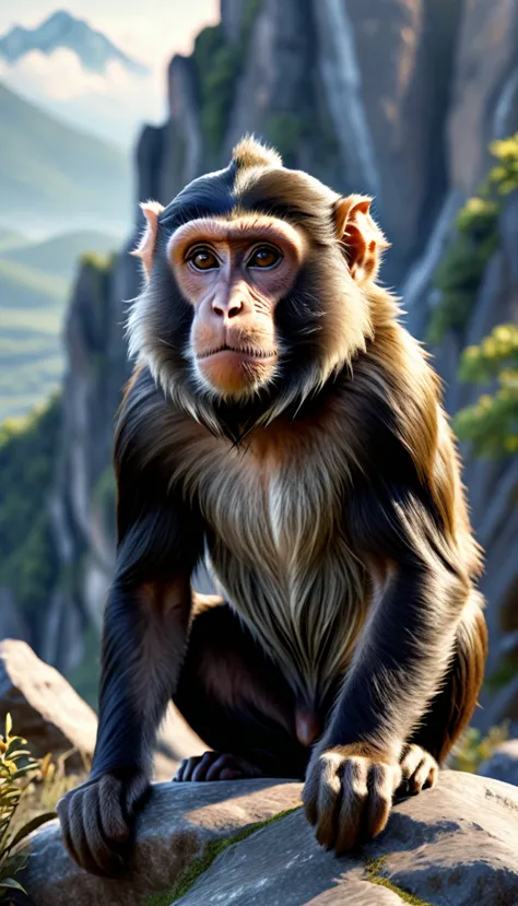 There is a wild beast on the mountain，Looks like a monkey but has four ears(best quality，4K，8K，High level，masterpiece：1.2），Ultra...