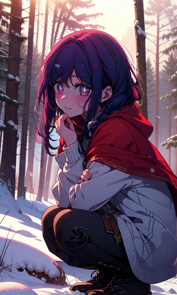 aihoshino, Ai Hoshino, Long Hair, bangs, (Purple eyes:1.1), Purple Hair, (Symbol-shaped pupil:1.5), smile,,smile,blush,White Breath,
Open your mouth,snow,Ground bonfire, Outdoor, boots, snowing, From the side, wood, suitcase, Cape, Blurred, , forest, White handbag, nature,  Squat, Mouth closed, Cape, winter, Written boundary depth, Black shoes, red Cape break looking at viewer, Upper Body, whole body, break Outdoor, forest, nature, break (masterpiece:1.2), Highest quality, High resolution, unity 8k wallpaper, (shape:0.8), (Beautiful and beautiful eyes:1.6), Highly detailed face, Perfect lighting, Highly detailed CG, (Perfect hands, Perfect Anatomy),