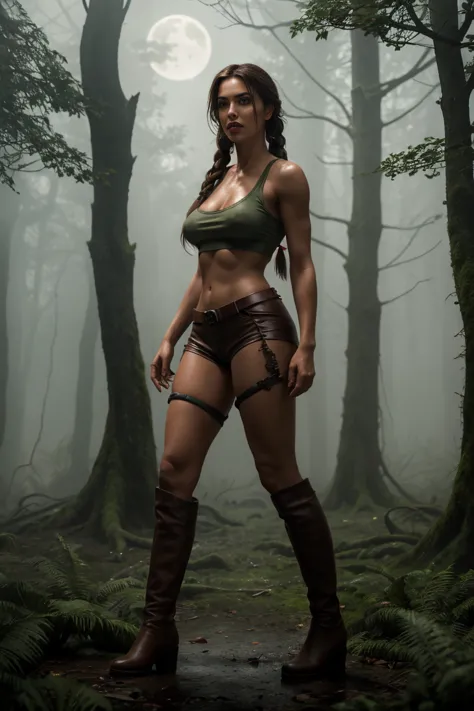 full body side view beauty sensual, sexy, bombshell, lara croft, long brown braided hair, brown eyes, high arched eyebrows, long...