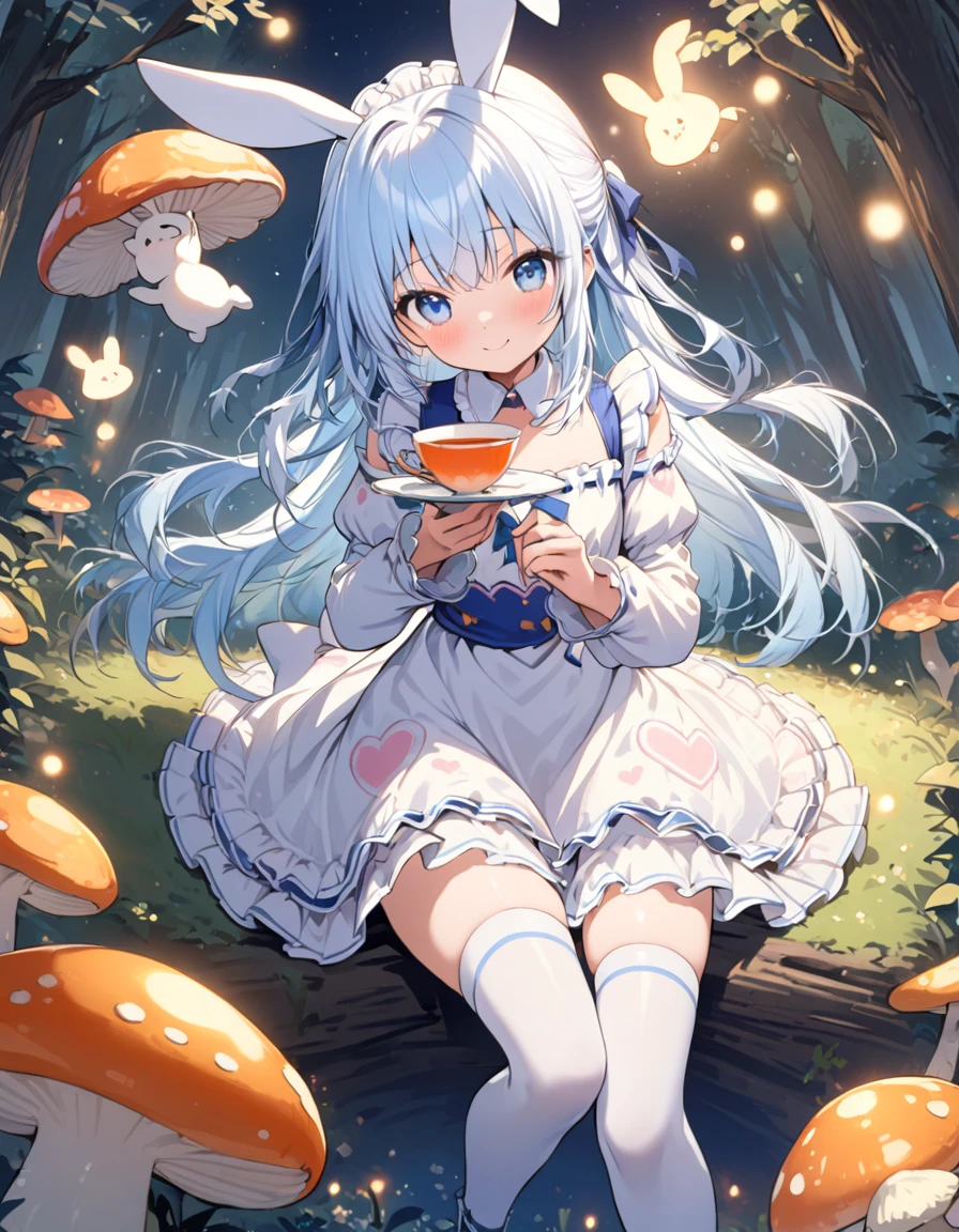 masterpiece, best quality, extremely detailed, (illustration, official art:1.1), 1 girl ,(((( light blue long hair)))), ,(((( light blue long hair)))),light blue hair, , long hair ((blush)) , cute face, big eyes, masterpiece, best quality,(((((a very delicate and beautiful girl))))),Amazing,beautiful detailed eyes,blunt bangs((((little delicate girl)))),tareme(true beautiful:1.2), sense of depth,dynamic angle,,,, affectionate smile, (true beautiful:1.2),,(tiny 1girl model:1.2),)(flat chest),Wearing a light blue off-the-shoulder puffy sleeve dress and knee-length white boots、Under the stars、Sitting in the woods next to an orange mushroom surrounded by fireflies。  blue eyes, Usagi, Trump, Tea cup, White lace thigh high socks, Miniskirt lift, Half Body, Dynamic pose、Tie your hair with a ribbon、Fantastical、、bunny rabbit, White apron, 