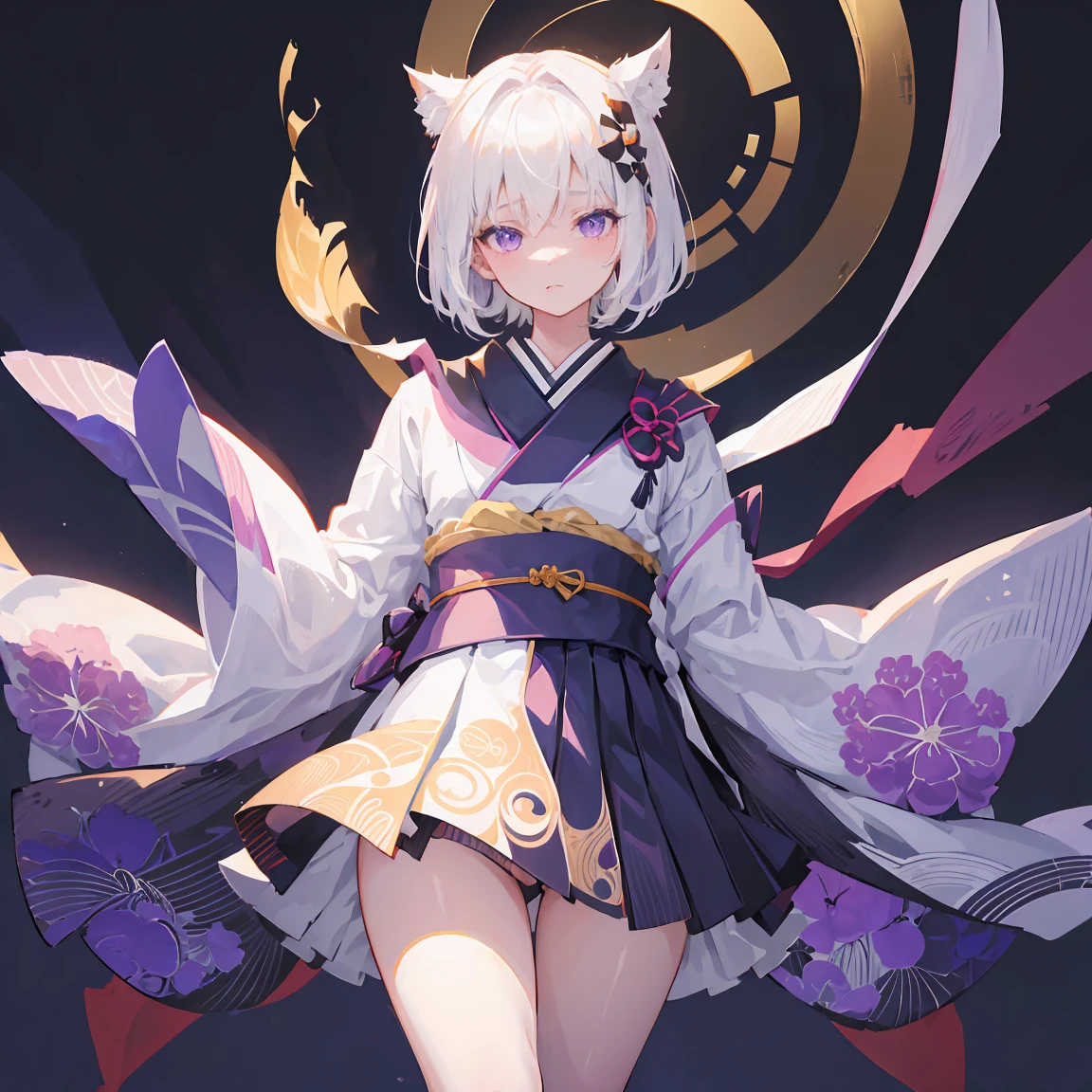 
1girl, ahoge, simple background, black bow, black legwear, purple eyes, bow closed mouth, hair bow, haori highres, japanese clothes, kimono long sleeves, skirt, short skirt, looking at viewer, obi white hair sash, short hair, short kimono, solo standing, full body, thigh-highs wide sleeves, high detail, detailed eyes, hdr, 8k, ultra realistic, nsfw, (beautiful detailed eyes), (detailedlight), ((intricate detail)), (highres), ((illustration)), (((masterpiece))), ((best quality)), (high resolution)