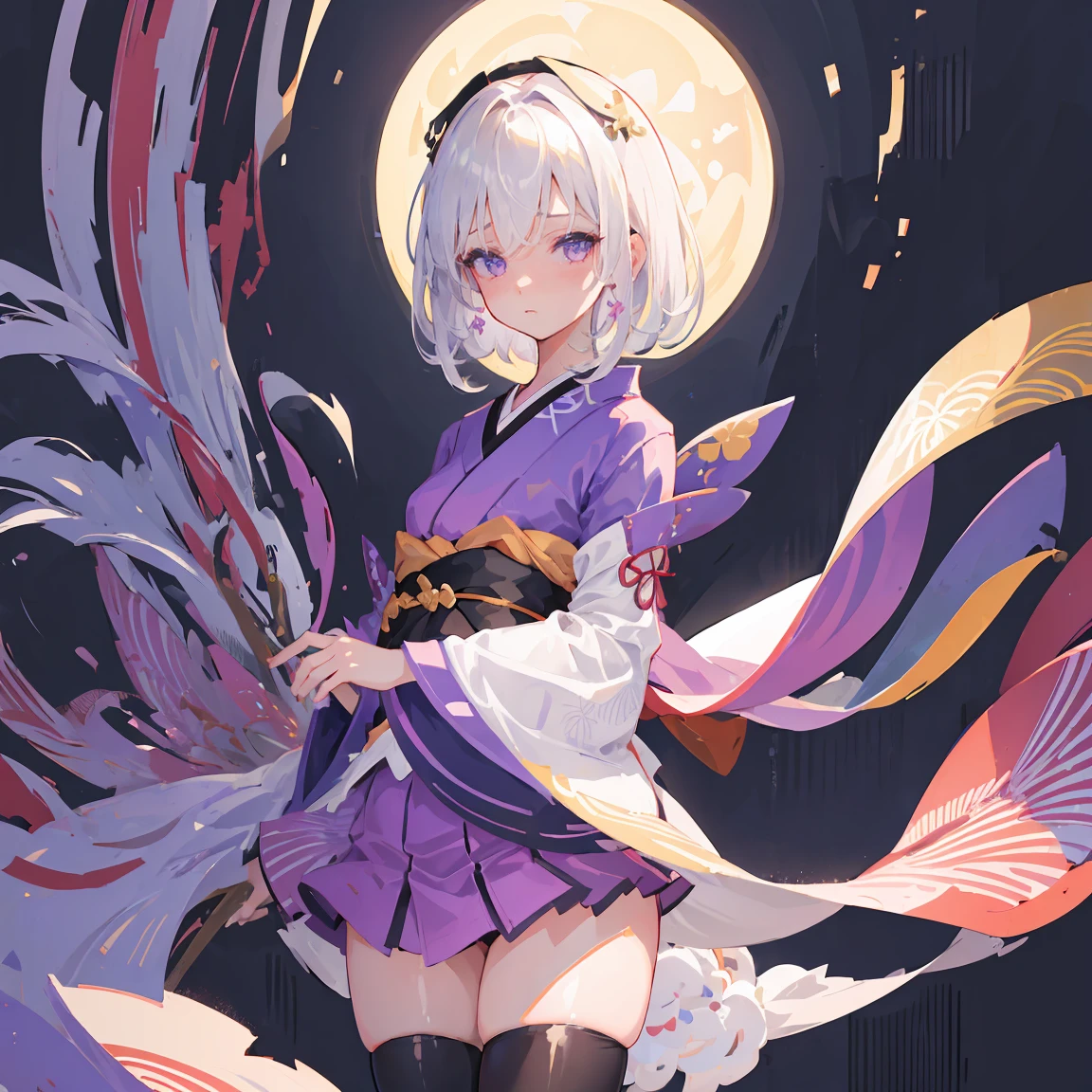 
1girl, ahoge, simple background, black bow, black legwear, purple eyes, bow closed mouth, hair bow, haori highres, japanese clothes, kimono long sleeves, skirt, short skirt, looking at viewer, obi white hair sash, short hair, short kimono, solo standing, full body, thigh-highs wide sleeves, high detail, detailed eyes, hdr, 8k, ultra realistic, nsfw, (beautiful detailed eyes), (detailedlight), ((intricate detail)), (highres), ((illustration)), (((masterpiece))), ((best quality)), (high resolution)