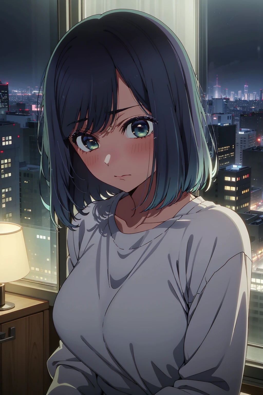 akane kurokawa,naked,rock,Blue Hair,naked,hot,sexy,beautiful,Perfect body,One Girl,big ,masterpiece,Perfect Face,Expressive Face,naked,night、Lying on a bed by the window in a high-rise building,Atmospheric lighting、Sad face