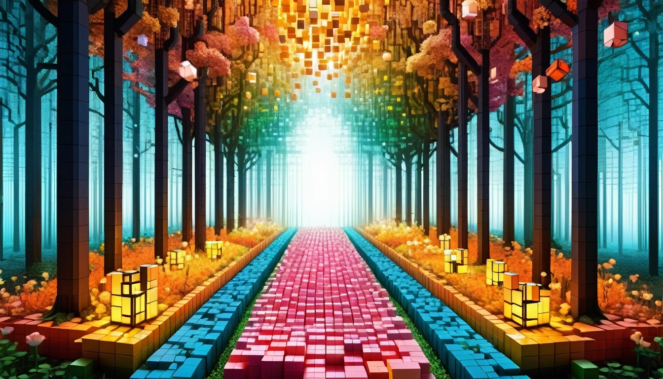 An enchanted forest made up of RAL-3D cubes, Surrounded by fantastic light,Very beautiful secret forest,Small squirrels are gathering,Beautiful big flowers are blooming