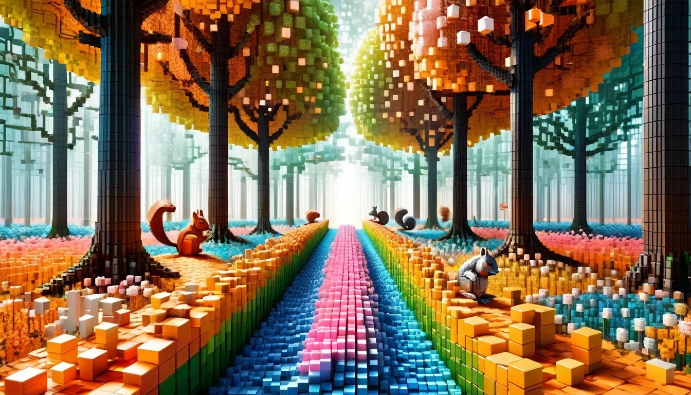 An enchanted forest made up of RAL-3D cubes, Surrounded by fantastic light,Very beautiful secret forest,Small squirrels are gathering,Beautiful big flowers are blooming