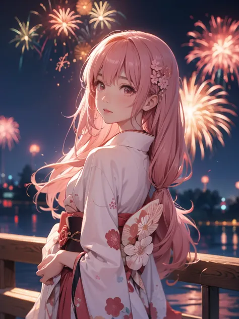 shoko, kimono night in firework ,dusty rose hair, long hair