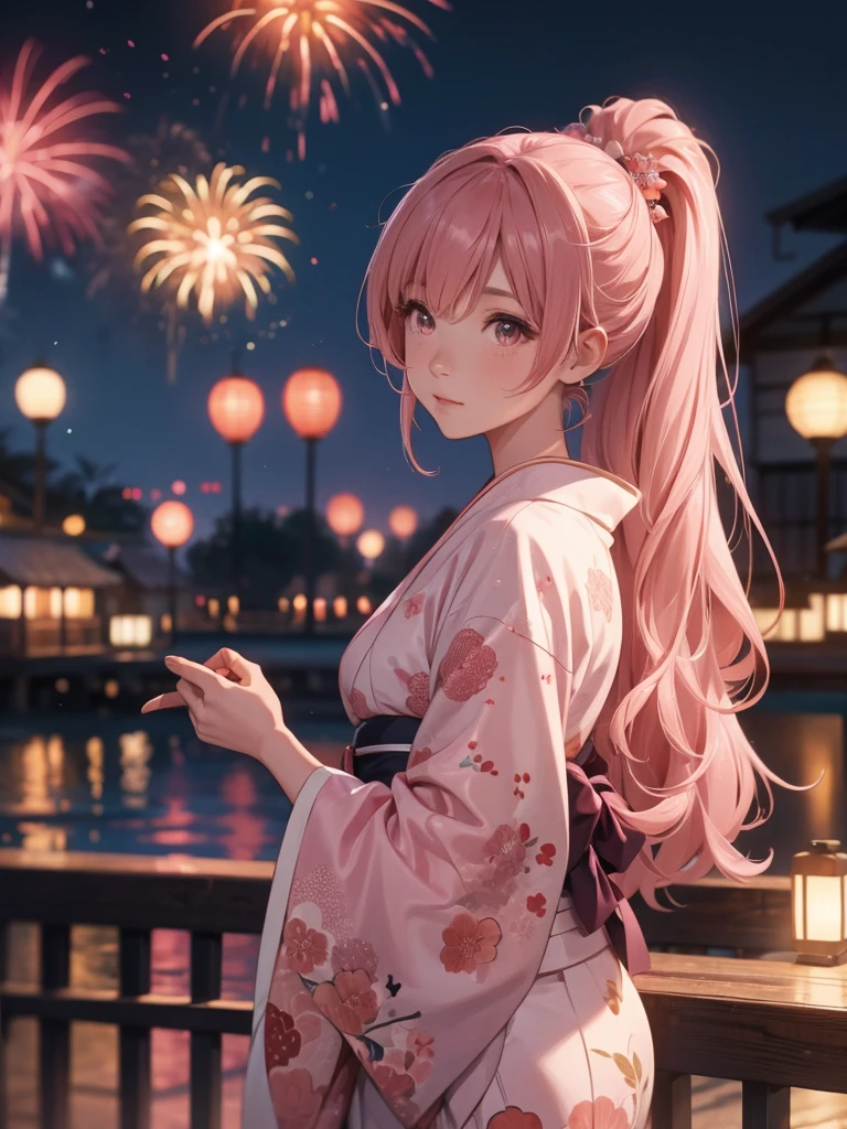 Shoko, kimono night in firework ,dusty rose hair, long hair