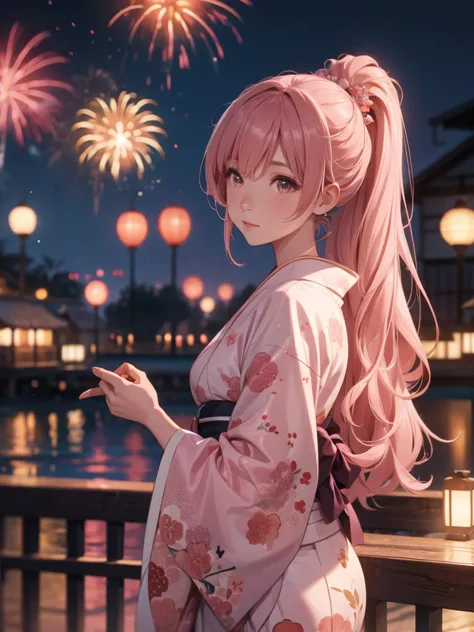 shoko, kimono night in firework ,dusty rose hair, long hair