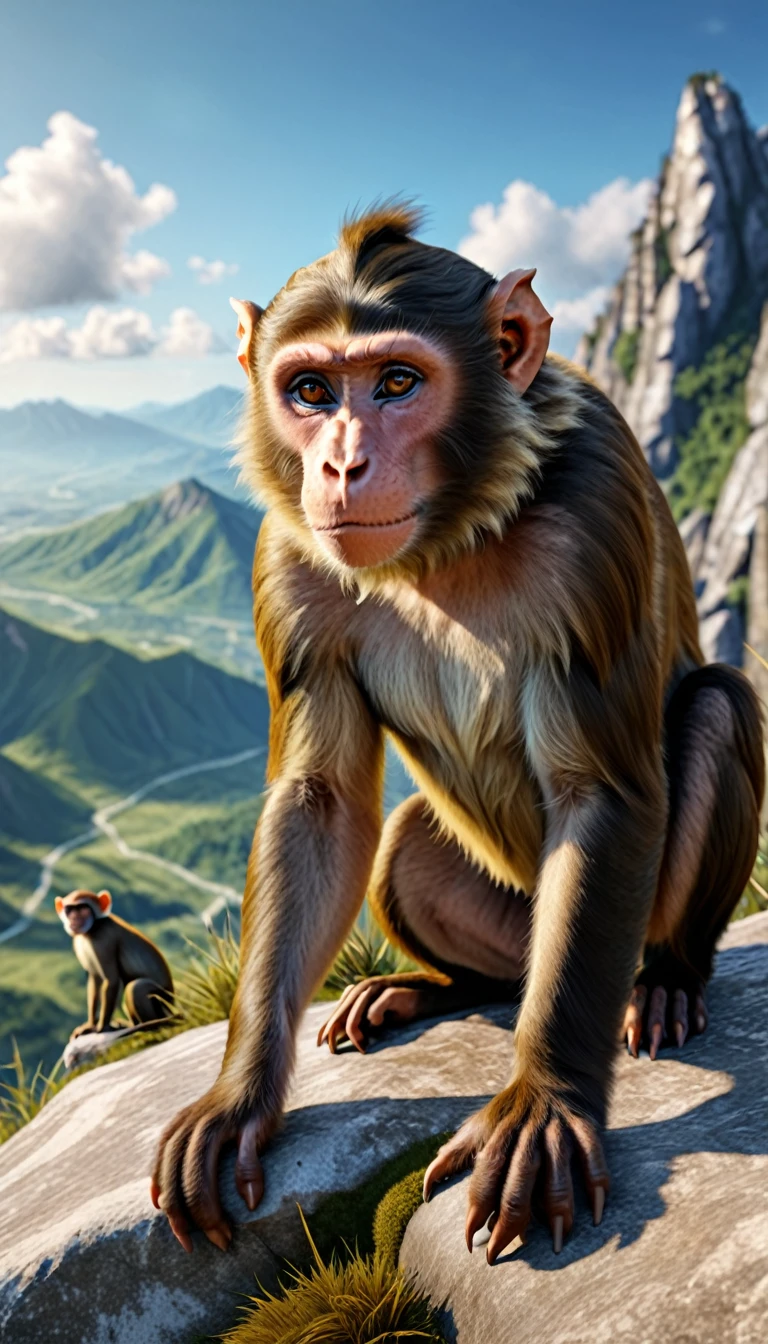 There is a wild beast on the mountain，Looks like a monkey but has four ears(best quality，4K，8K，High level，masterpiece：1.2），Ultra Detailed，（lifelike，Photo real，Photo real：1.37），Highly detailed animals，Realistic lighting，Fantasy Creatures