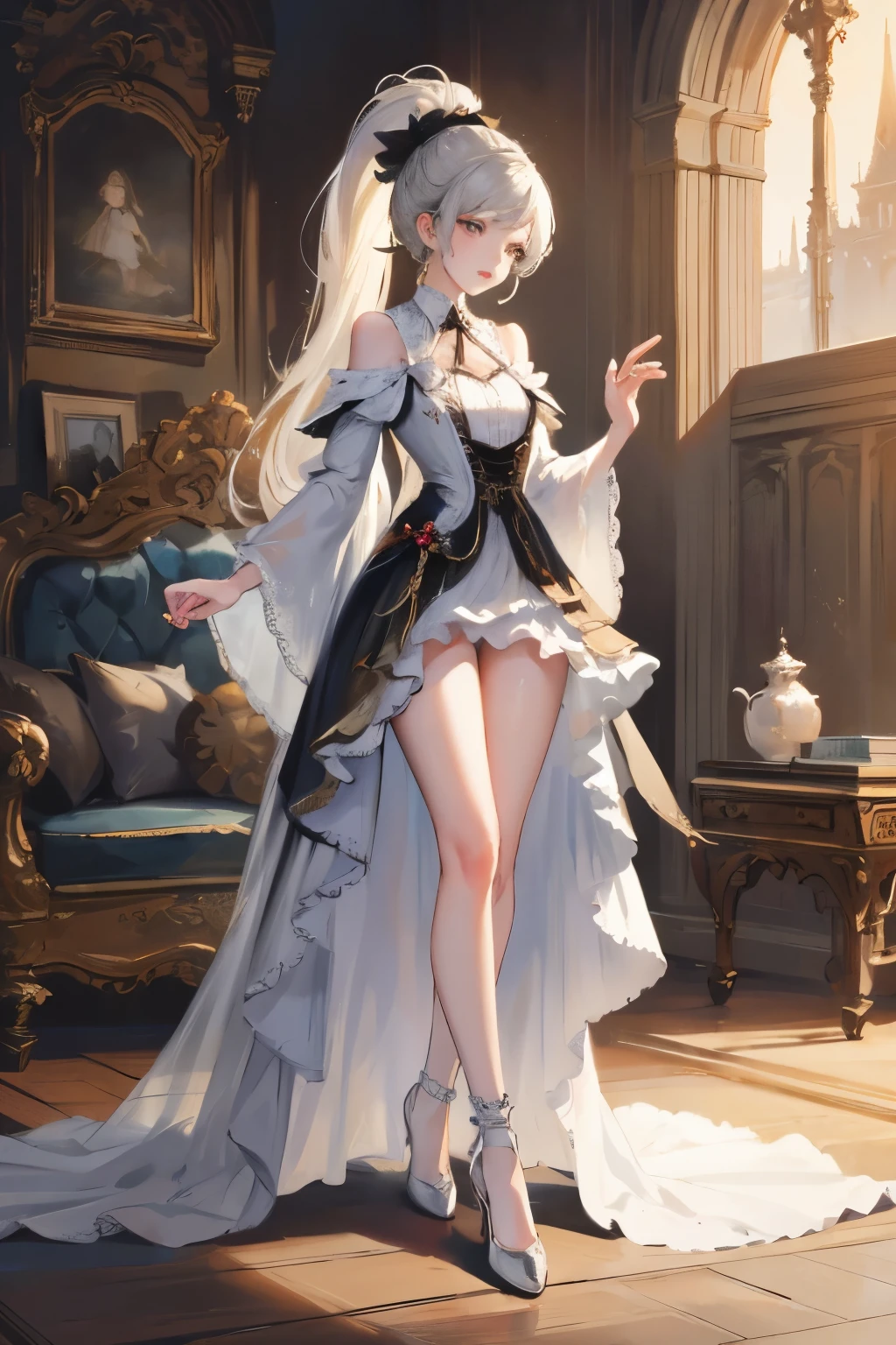  ((best quality)), ((masterpiece)), (detailed), 1girl, NSFW, small breasts, prominent collarbones, skinny arms, flat stomach, visible hip bones, long hair, ponytail, thick ponytail, heavy ponytail, red and white clothing, Bloodborne inspired, occult aesthetic, occult, detailed and intricate steampunk and detailed gothic, Fluttering lace flared long knee length dress with frilly petticoats, knee length dress, pleated petticoats