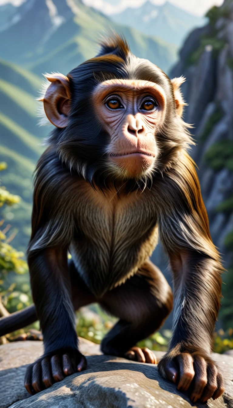 There is a wild beast on the mountain，Looks like a monkey but has four ears(best quality，4K，8K，High level，masterpiece：1.2），Ultra Detailed，（lifelike，Photo real，Photo real：1.37），Highly detailed animals，Realistic lighting，Fantasy Creatures