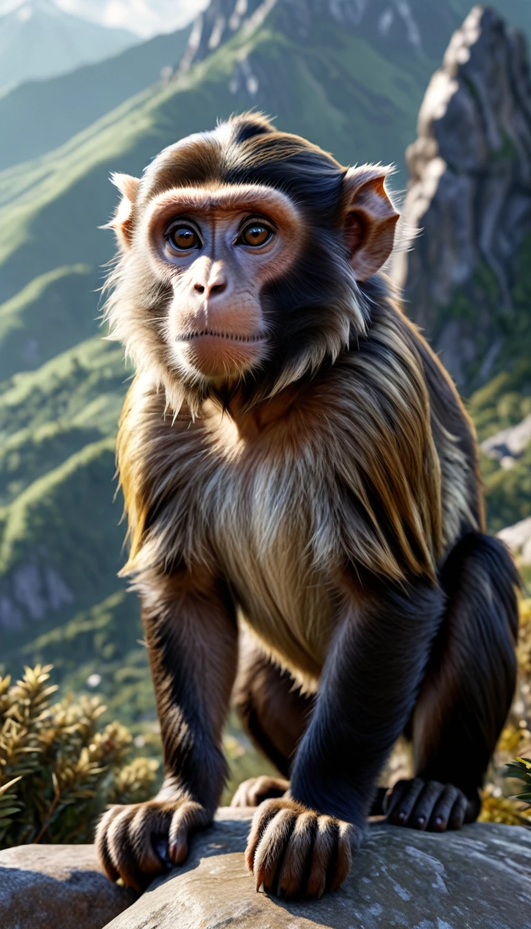 Auf dem Berg ist ein wildes Tier，Sieht aus wie ein Affe, hat aber vier Ohren(beste Qualität，4K，8K，hohes Level，Meisterwerk：1.2），Extrem detailliert，（Lebensecht，Foto Real，Foto Real：1.37），Sehr detaillierte Tiere，realistische Beleuchtung，Fantasiewesen