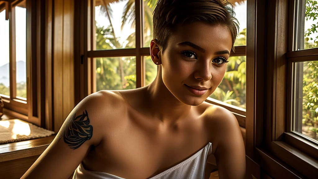 amused polish  Instagram model, 20 years  old with short hair , simple toptank, very small scorpion shoulder tatoo,  radiating fiminity and warmth, gazes out of a window in a quaint, hippie hut in Koh Samui. The subject is a photograph capturing a serene and tranquil atmosphere during the golden hour. Her olive skin glows in the warm light, accentuating the small tattoo on her shoulder. The peaceful scene evokes a sense of calm and elegance, showcasing the impeccable composition and high-quality imagery. i cant believe how beautiful she is