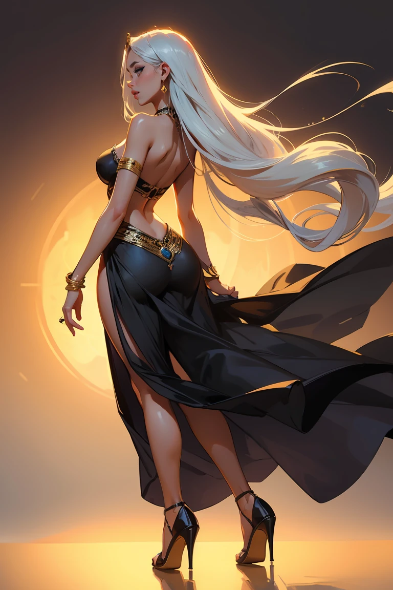 goddess ((woman, like a goddess)), slim elegant silhouette, masterpiece, (Close angle), Best quality, dark skin, pretty face, (masterpiece:1,2, Best quality), (real picture, complex parts), (1 lady , One, middle , Thin waist, ), (with long hair), a woman with long hair, with hair, long wavy white hair, turquoise eyes, she has an impressive appearance., bracelet, earrings rings, jewelry, Beautiful face, Beautiful eyes, She is wearing a stunning gold evening dress and strappy high heels., Beautiful back, back view, sweet irresistible smile, elegant pose, Elegant hands, beautiful hands, perfect fingers,, Background: She&#39;s standing in a big city, Busy city, Dance Club, outside, blue sky,