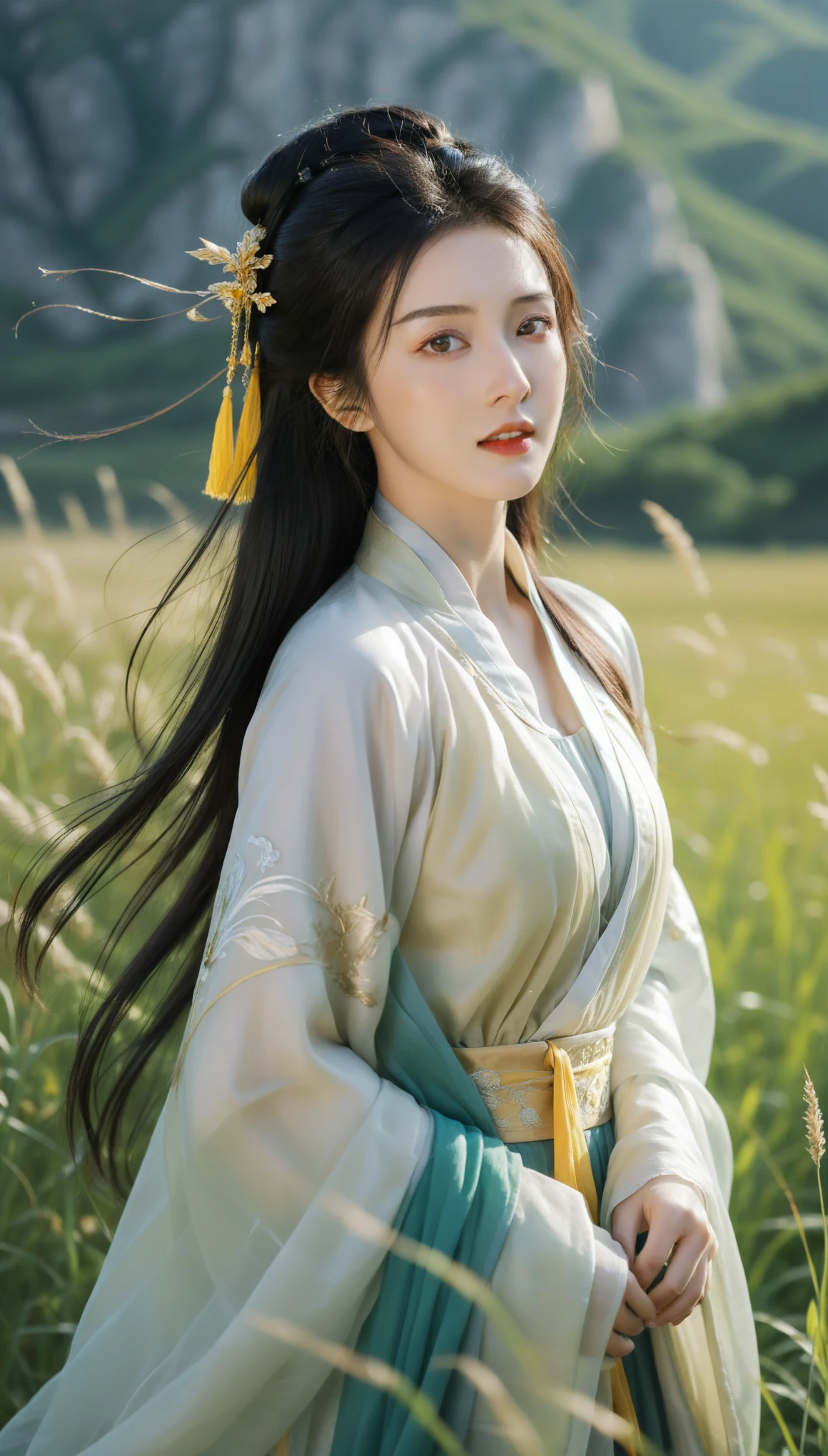 best quality,High definition portrait photography， looking at viewer,a  female figure dressed in a traditional hanfu, summer,ruins,((messy hair)),(grassland),(yellow eyes),incredibly absurdres,(gold hair),floating hair,Large number of environments,the medieval ,grace,prospect,water eyes,wind,breeze,god ray,lawn,Mountains and lakes in the distance,The sun shines through the trees,A vast expanse of grassland,Beautiful face, beautiful eyes,