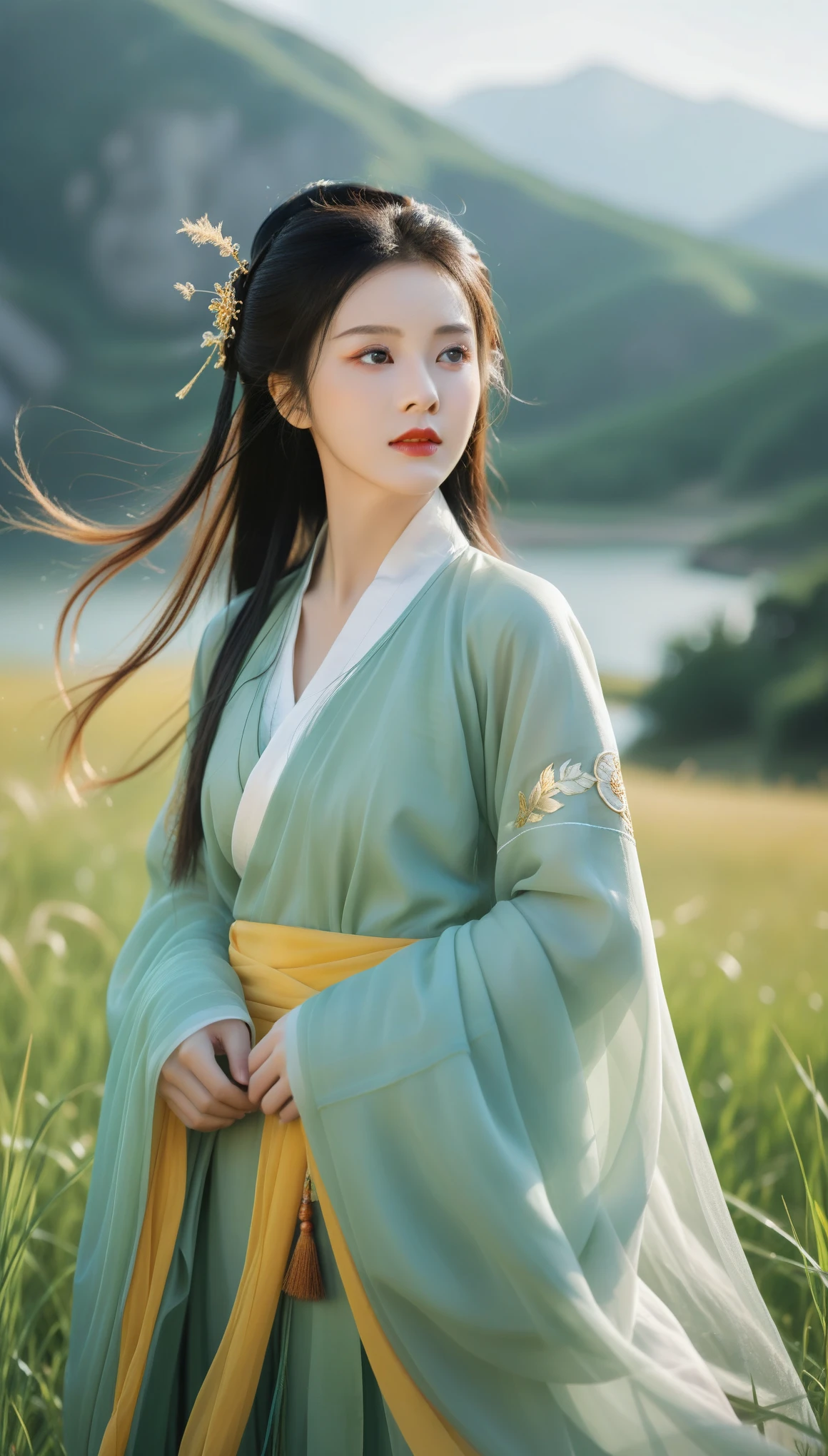 best quality,High definition portrait photography， looking at viewer,a  female figure dressed in a traditional hanfu, summer,ruins,((messy hair)),(grassland),(yellow eyes),incredibly absurdres,(gold hair),floating hair,Large number of environments,the medieval ,grace,prospect,water eyes,wind,breeze,god ray,lawn,Mountains and lakes in the distance,The sun shines through the trees,A vast expanse of grassland,Beautiful face, beautiful eyes,