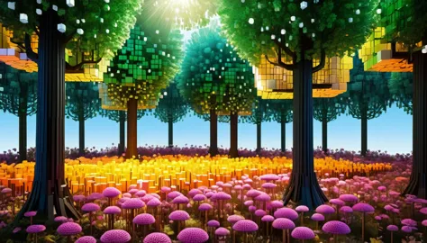 an enchanted forest made up of ral-3d cubes, surrounded by fantastic light,very beautiful secret forest,small squirrels are gath...