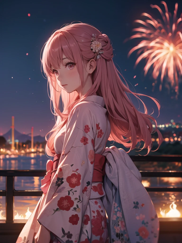 Shoko, kimono night in firework ,dusty rose hair, long hair