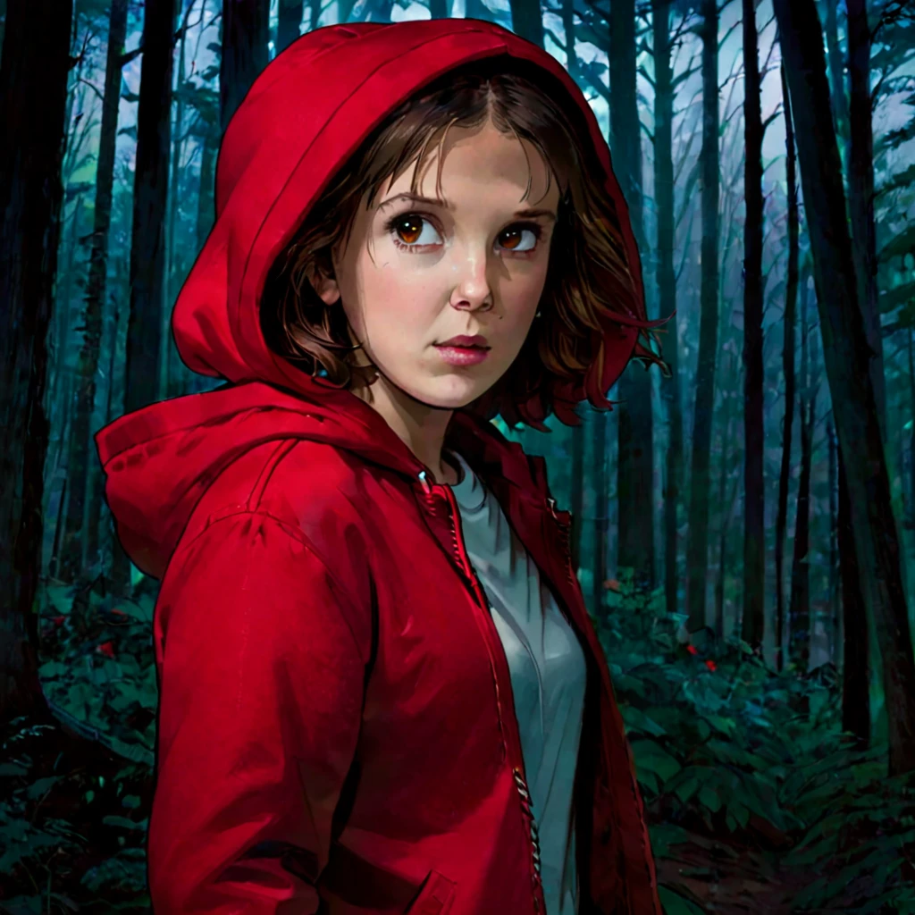 milli3 女人, 米莉·鲍比·布朗, 1 名身穿红色夹克和兜帽的女孩, 网飞, 怪奇物语, 十一, 在一片黑暗的森林里, 正视图