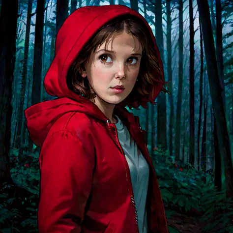 milli3 woman, millie bobby brown, 1 girl wearing red jacket and hood, netflix, stranger things, eleven, in a dark forest, front ...