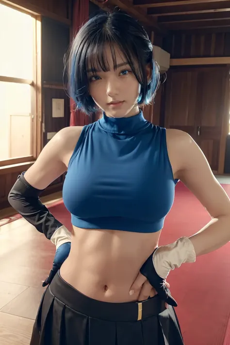 1girl, ((midriff, navel)), looking at viewer, japanese dojo, (cinematic lighting, best quality, masterpiece, hand on hips, high ...