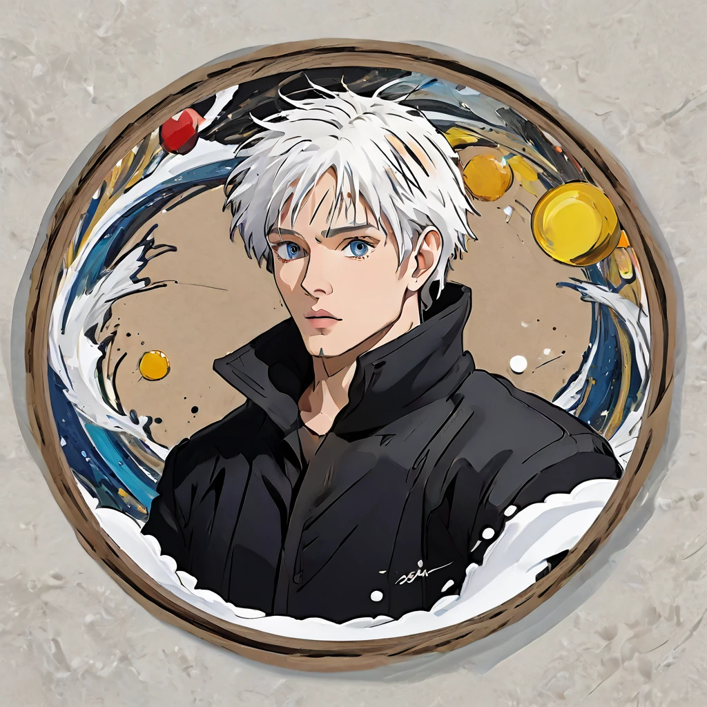 (a sticker,),(3D anime gojo), snow white hair,(In circlerown background), (pollock border)（oil painting style）， ultra - detailed, male character, best quality, Detailed diagram, vectorized, 8K, Professional a sticker design, Graphic design, vector lines, a sticker, Full-HD
