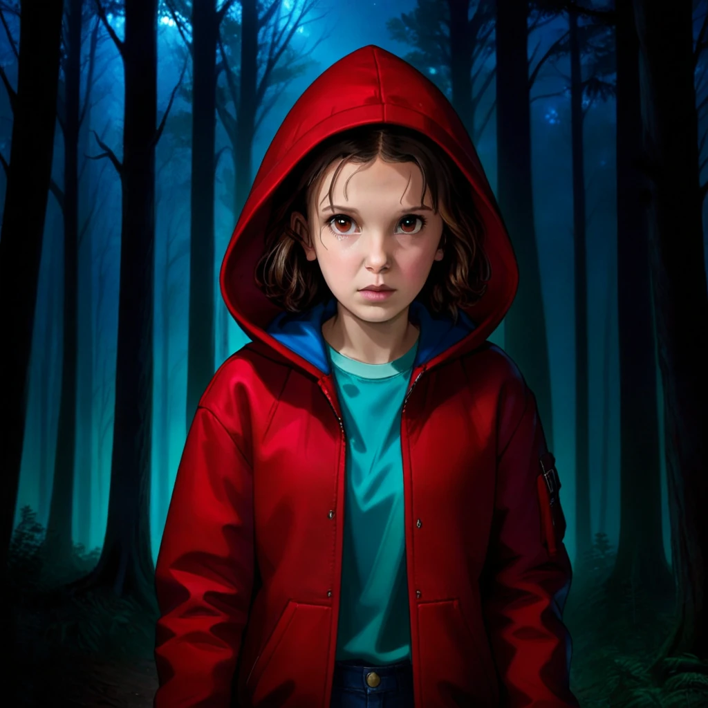 밀리3 여성, 밀리 바비 브라운, 빨간색 재킷과 후드를 입은 소녀 1명, 넷플릭스, 낯선 것들, 열하나, 어두운 숲 속에서, 전면보기
