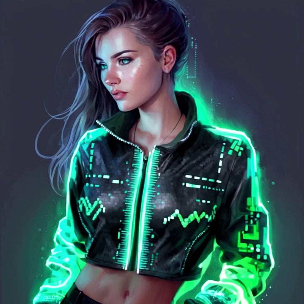 femme partiellement pixelisée, beau,esthétique moderne, holographique, code binaire, veste moulante avec accent vert fluo imitant le battement de cœur, Chaud, 4K ultra détaillé,, expressif, Émotionnel,embué, Haute qualité, par OlchaS, aquarelle