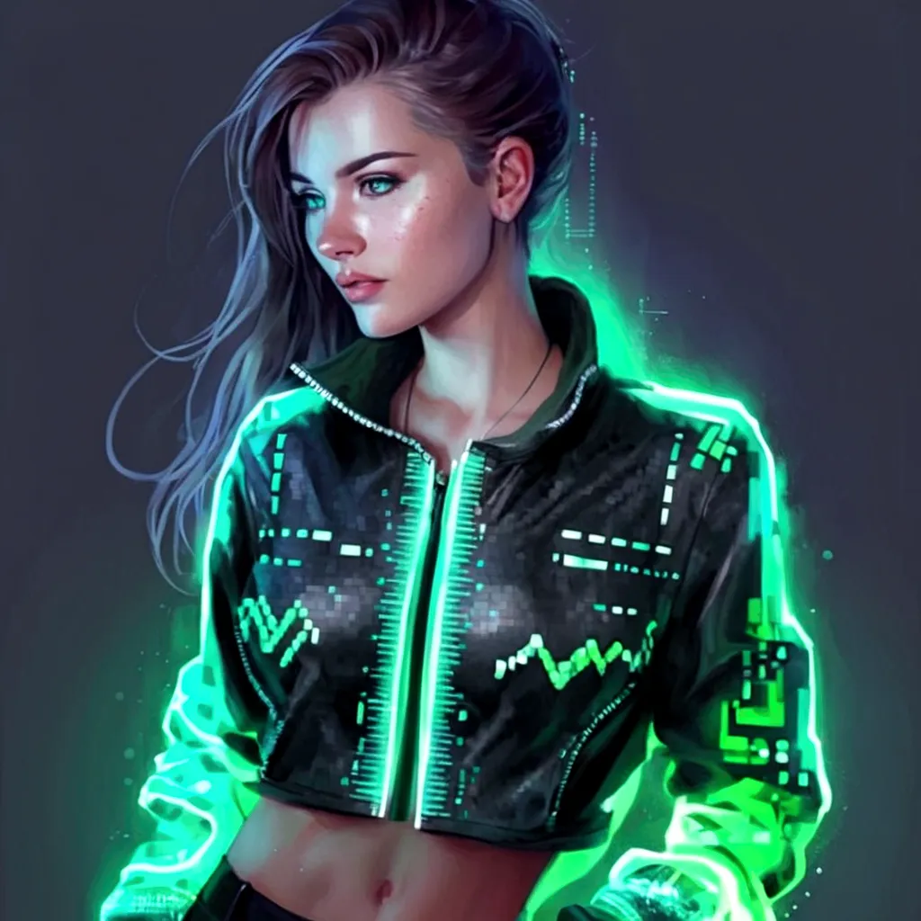 partialy pixelated female, handsome,modern aesthetic, holographic, binary code, form fitting jacket with green neon accent mimic...