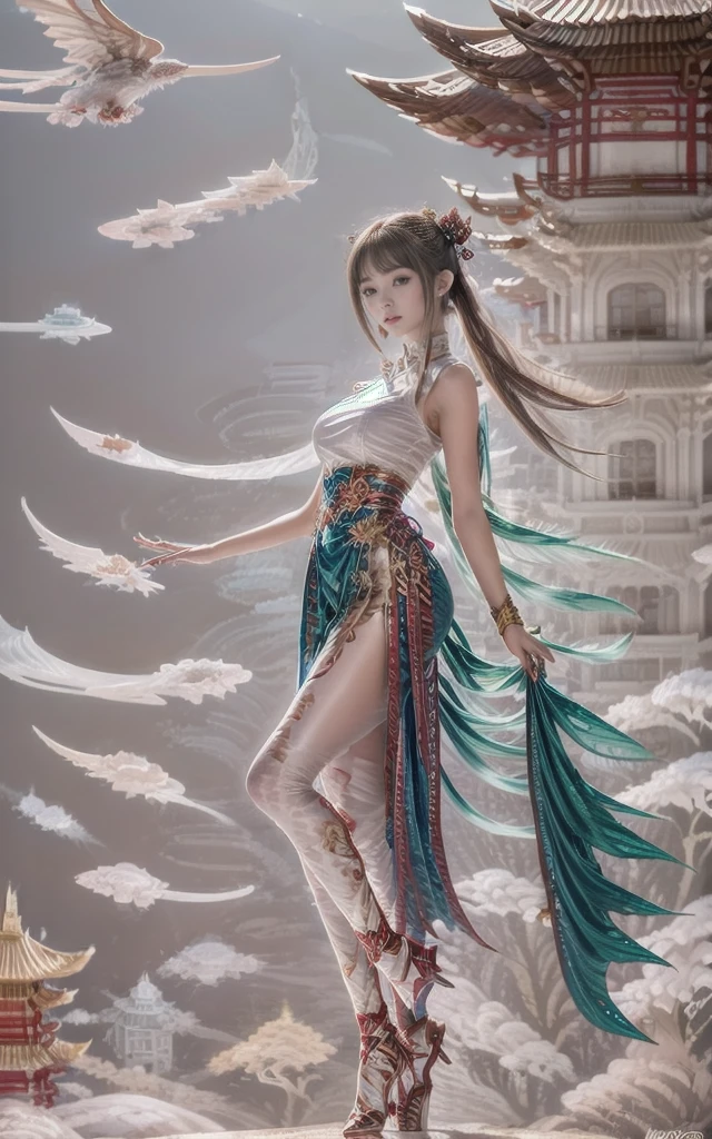 ((​masterpiece)), (best quality), (the work), Art Nouveau watercolor painting , Moon goddess in hanfu , small breasts,revealing multilayered and modern kimono, big eyes, long, thick eyelashes, plump lips, dark red eyes, hair long and thick, high ponytail, fit,delicious accompany, flowery_backdrop, Elaborate designs and patterns in the style of Alphonse Mucha.front-facing, a full body shot, that combines tradition and modernity 