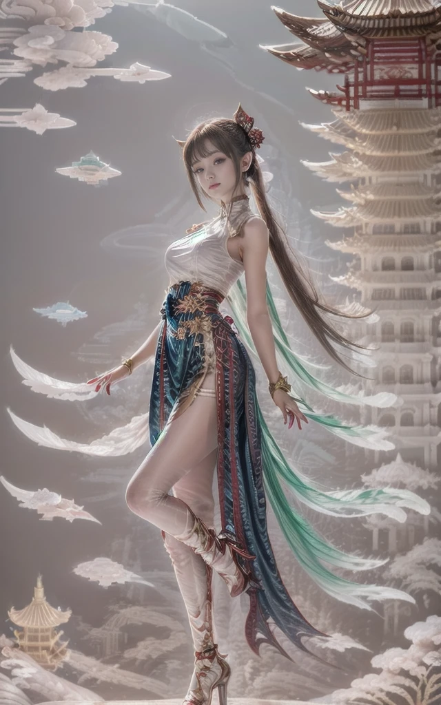 ((​masterpiece)), (best quality), (the work), Art Nouveau watercolor painting , Moon goddess in hanfu , small breasts,revealing multilayered and modern kimono, big eyes, long, thick eyelashes, plump lips, dark red eyes, hair long and thick, high ponytail, fit,delicious accompany, flowery_backdrop, Elaborate designs and patterns in the style of Alphonse Mucha.front-facing, a full body shot, that combines tradition and modernity 