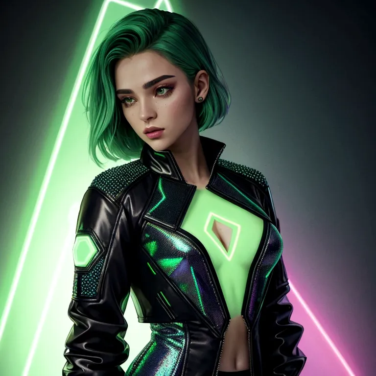partialy pixelated female, handsome,modern aesthetic, holographic, binary code, form fitting jacket with green neon accent mimic...