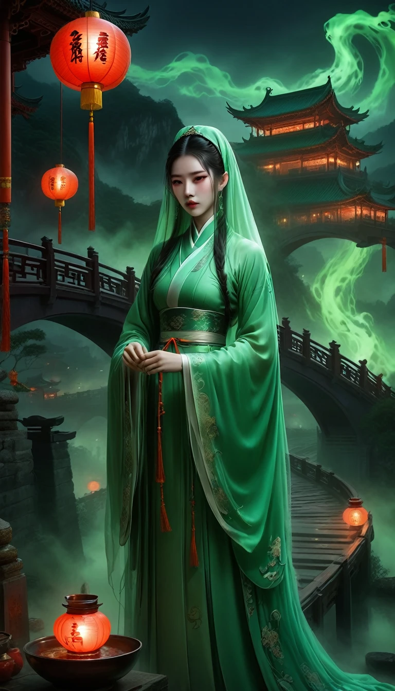 Unforgettable Chinese Ghost Stories, Weird Chinese architecture, Qixi Festival, Green Ghost Soup, Munpo Bridge, Noodle Soup, Escort Ghost, Chain, Dark gloomy lights, Movie, fear, atmosphere, Surreal, mystery, detailed